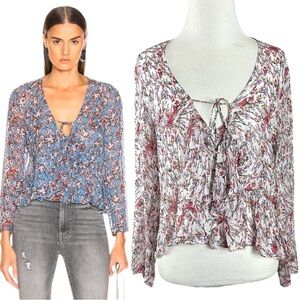 IRO Gosh Abstract Peplum Ruffle Long Sleeve Deep V Neck Top Blouse 6 NWOT